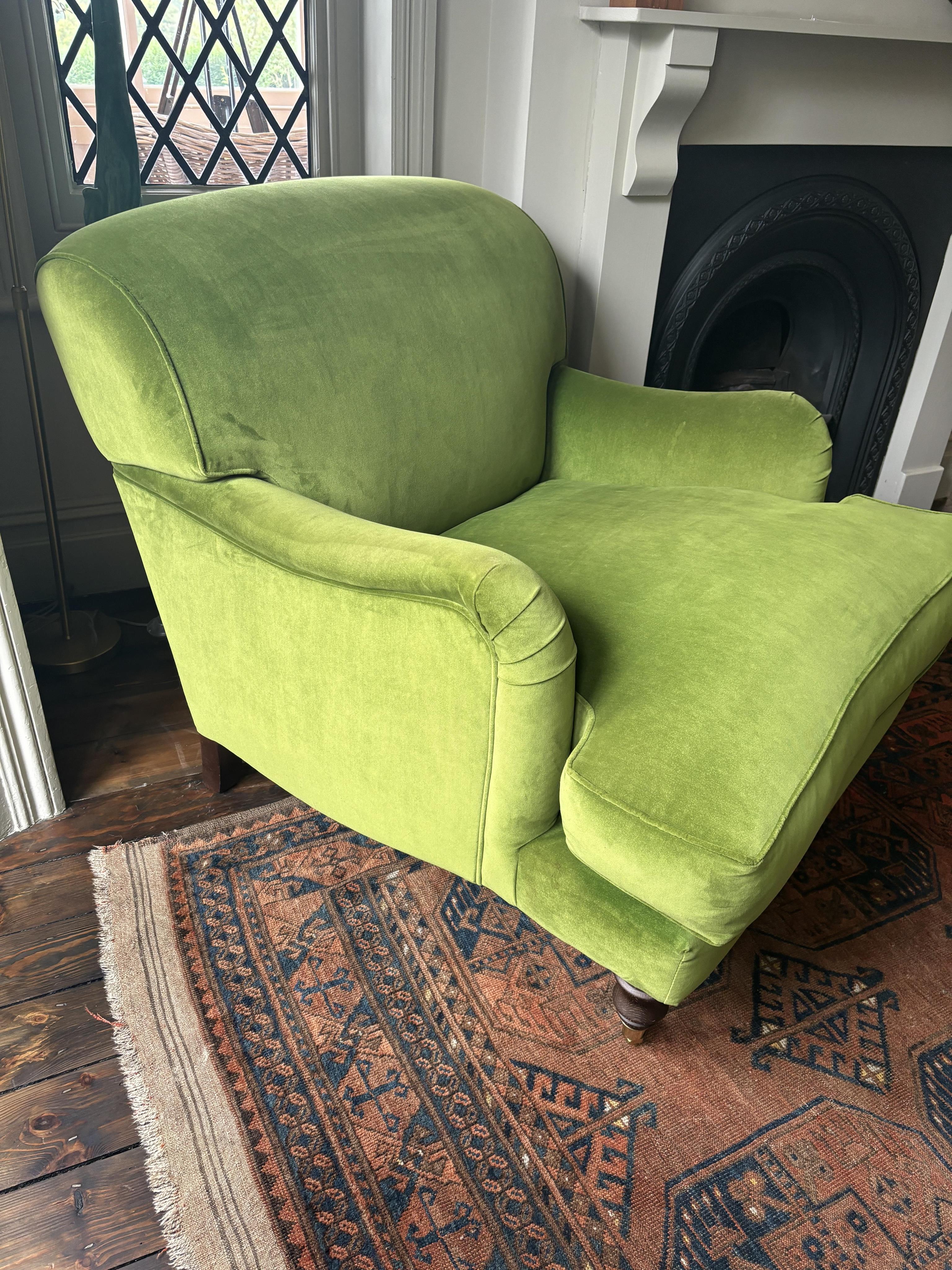 A Sofa Workshop 'Lady May' English roll arm green velvet club armchair, Howard style, seat generously feather filled, width 90cm, depth 110cm, height 84cm seat height 48cm. Condition - very good